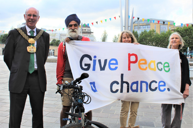 Lord Mayor Martin Love with peace activists, Bradford